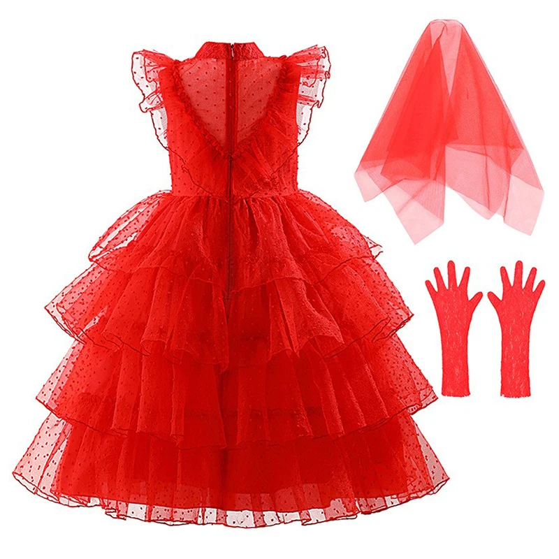 Red Kids Girls Dress Tulle Gown+Veil+Gloves Summer Sleeveless Princess Casual Dresses For Halloween Christmas Party Clothes New