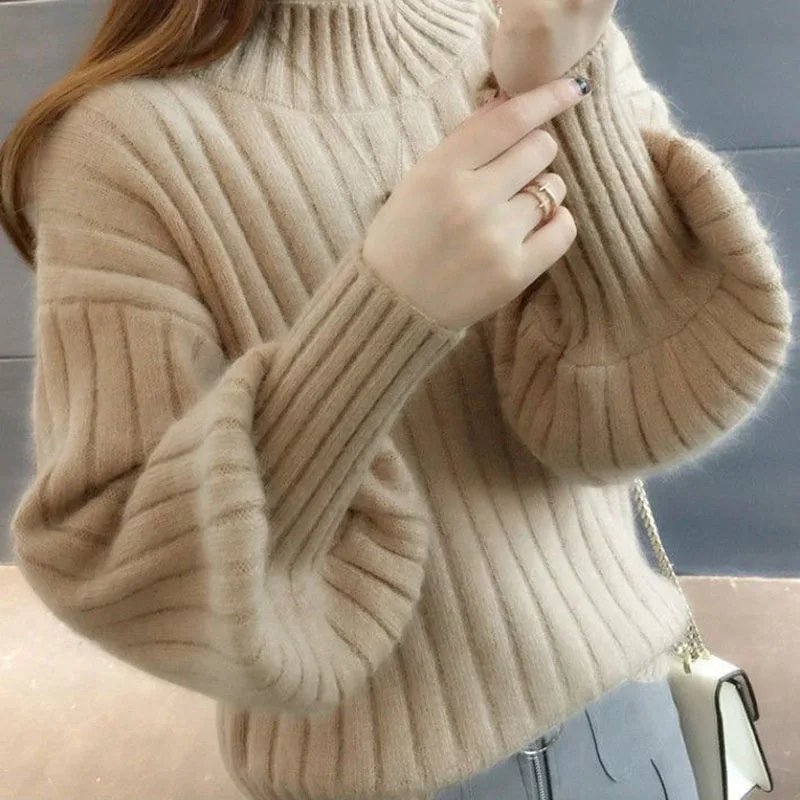 

Half High Neck Sweaters Pullovers Women Korean Chic Loose Lantern Sleeve Knitted Sweater Woman Fall Winter Soft Jumper