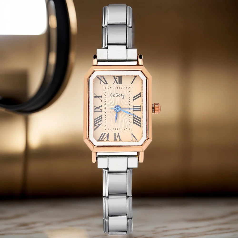 GEMOSA Stylish Square Women Men Quartz Watches Roman Numerals Minimalist Design Stainless Steel Strap Party Birthday Daily Gift