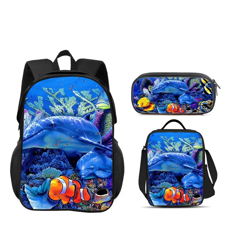 

Underwater World 3pcs Set Backpack Pen Bag ice Bag Durable Trendy, Versatile Cartoon School Boy and Girl Birthday Best Gift
