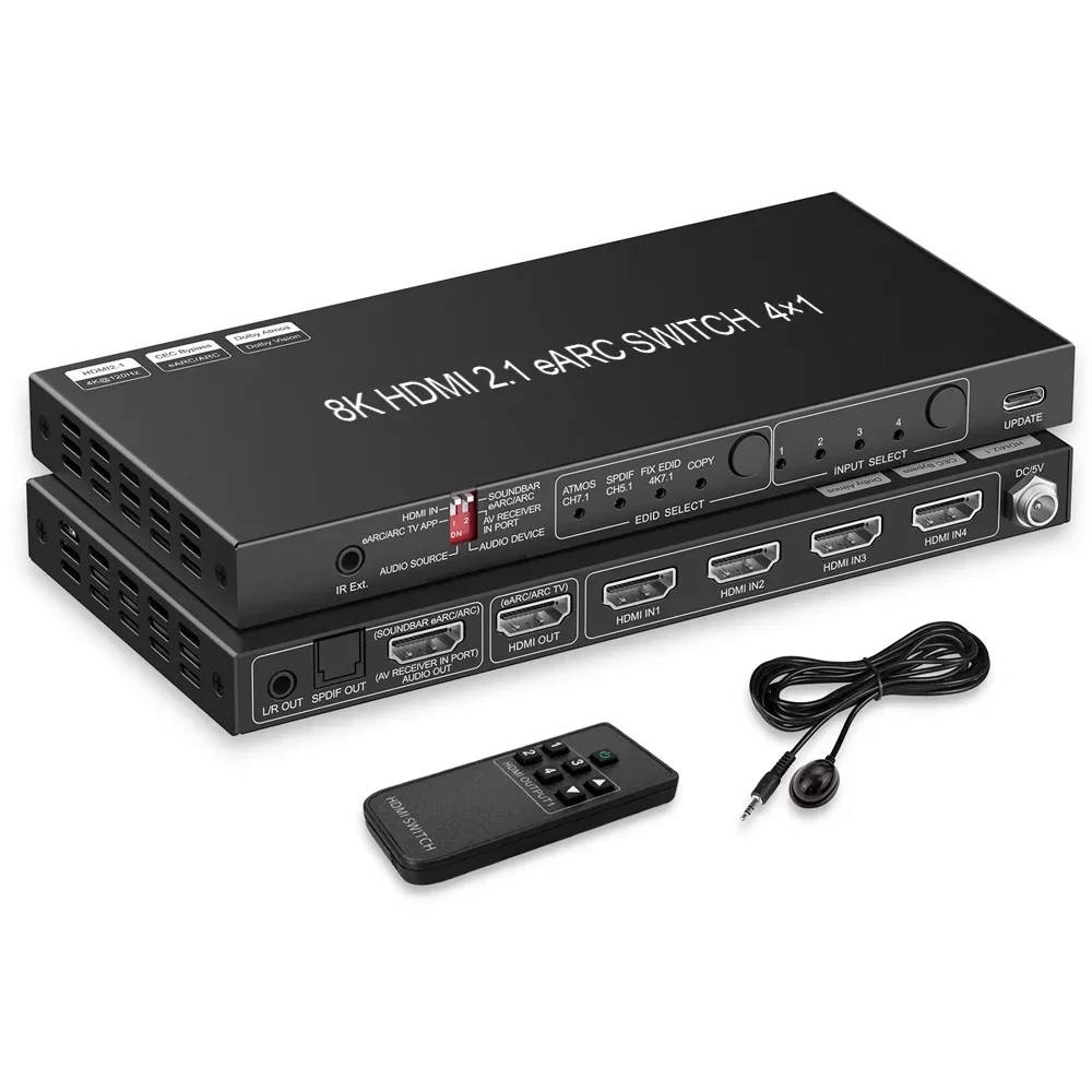 In stock8K HDMI 2.1 Switch EARC Audio Extractor 4 in 1 Out SONOS ARC or AV Receiver SPDIF EDID HDMI Switch for Soundbar