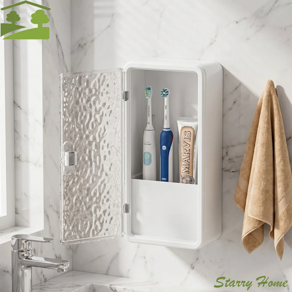 Punching-free Toothbrush Storage Box Multi-functional Wall Mounted Makeup Brush Holder Plastic Dustproof Bathroom Storage Rack