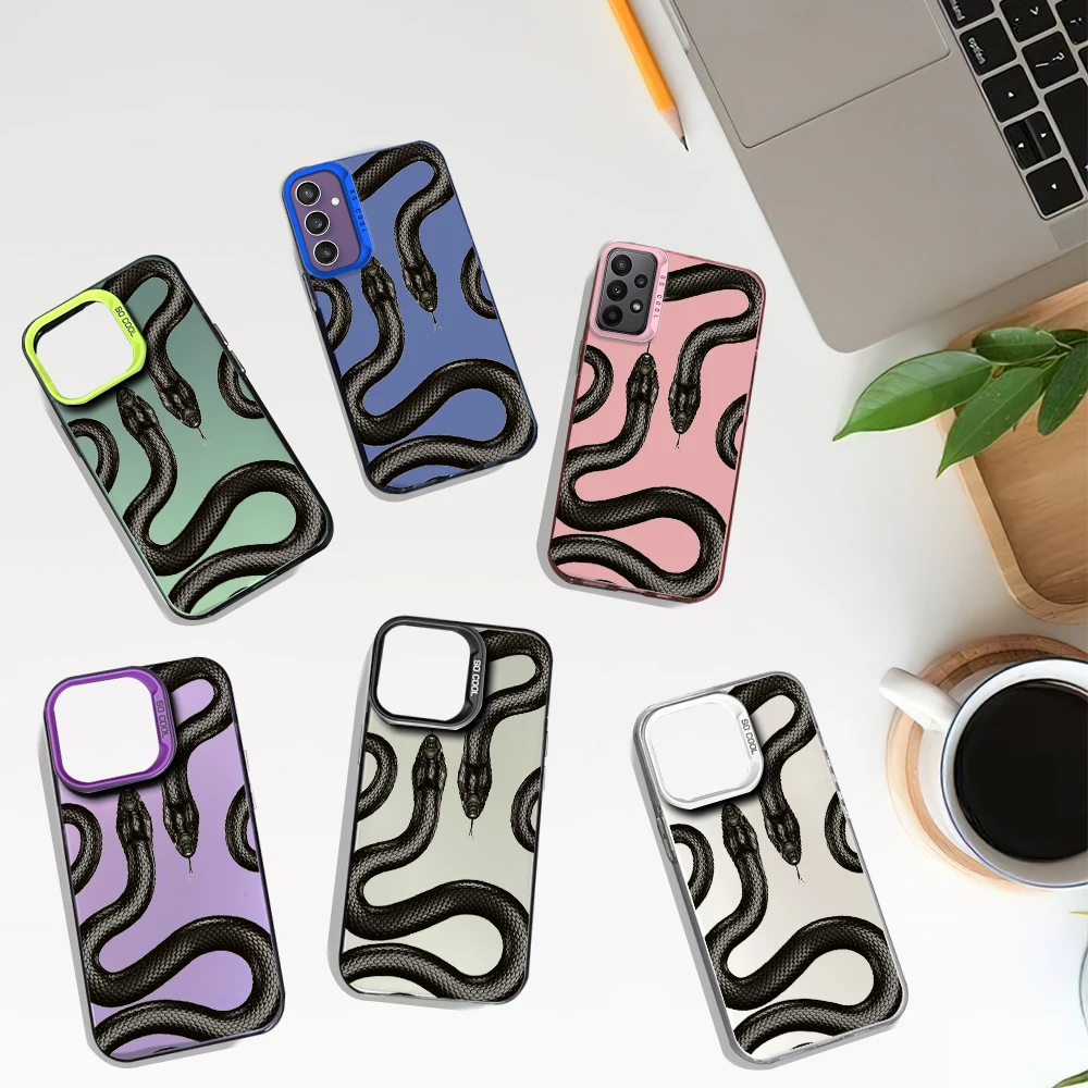 Fashion Black Snake Art Laser Phone Case for Samsung S24 23 22 ULTRA A25 33 32 34 S PLUS IMD Shockproof Silicone Coque