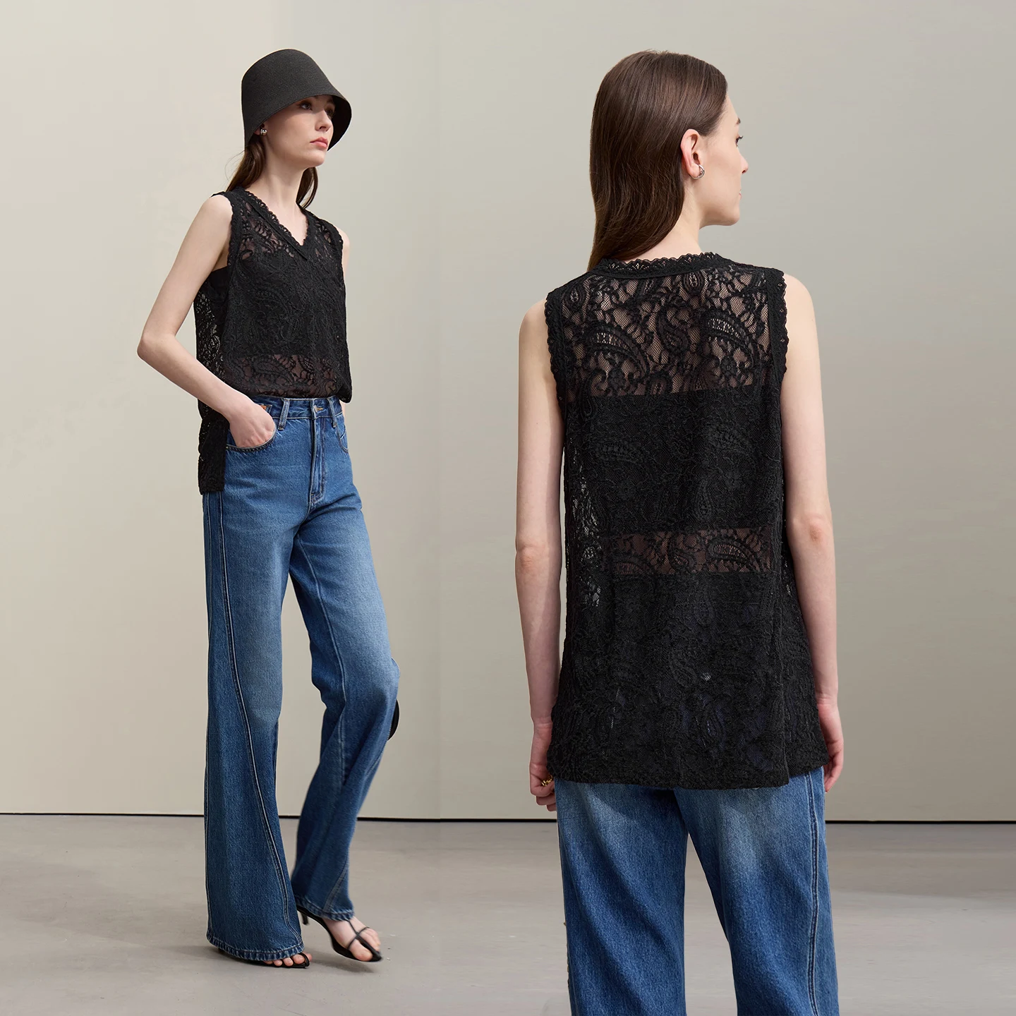 Amii Women's Camisole 2026 Summer New V-Neck Paisley Lace Tank Tops Loose Lightweight Sheer Female Sleeveless Shirt 12652017