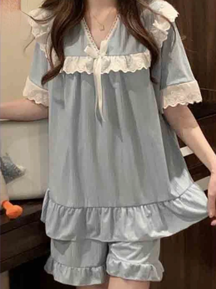 Pajama Sets Women Lace Sweet Bow Princess Loose Home 5 Colors Fashion Tender Casual Summer Japanese Style Vintage Sleepwear Chic