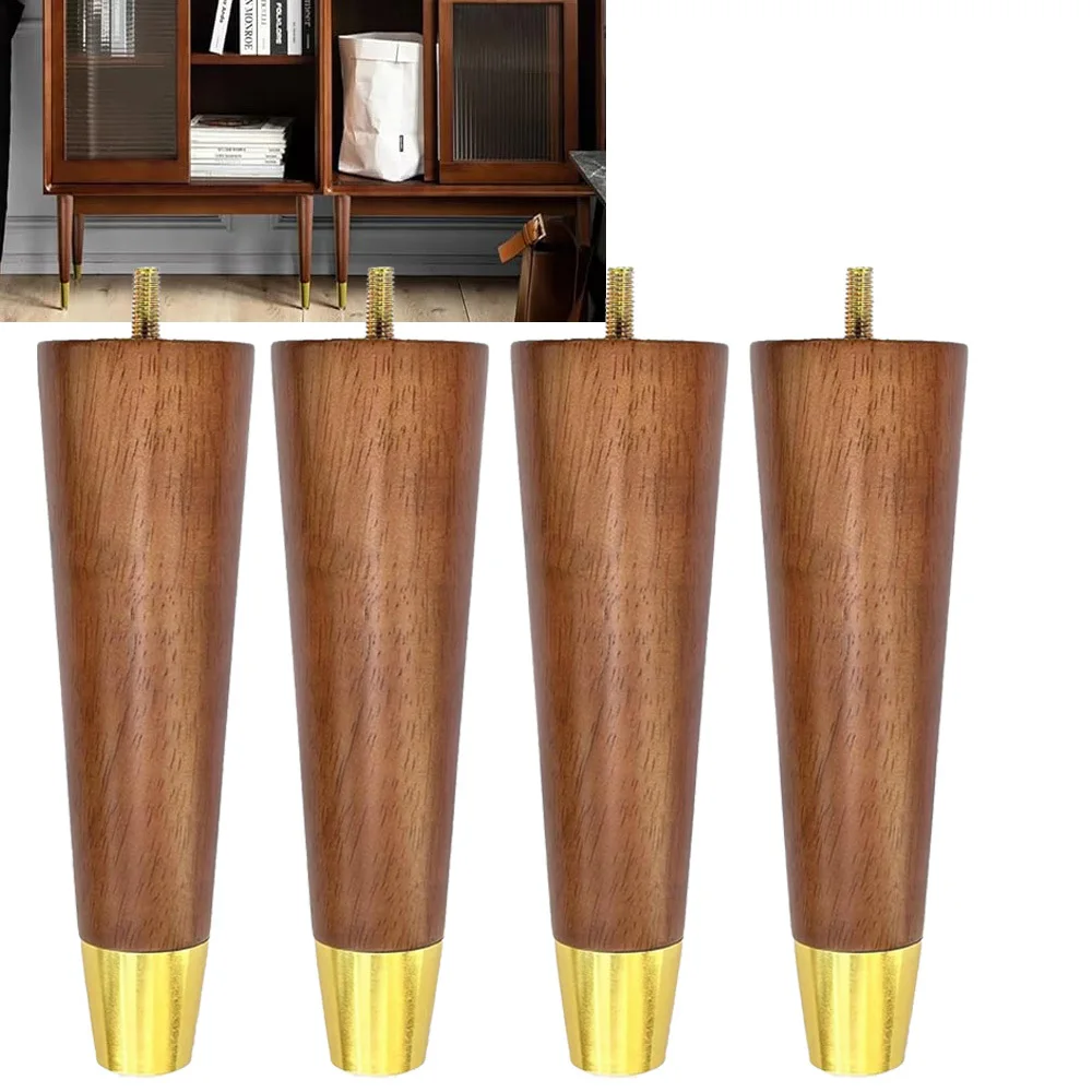 4pcs Hard Wood Furniture Legs Hardware Replacement Round Legs for Couch Dresser Cabinet Vanity Ottoman Walnut Color Sofa Legs