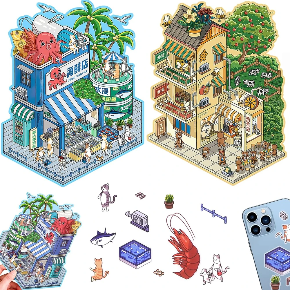 DIY 3D Fun Large Size House Scene Stickers Make Your Own Milk Tea Seafood Shop Sticker Scenes Cute Animal Micro Stickers