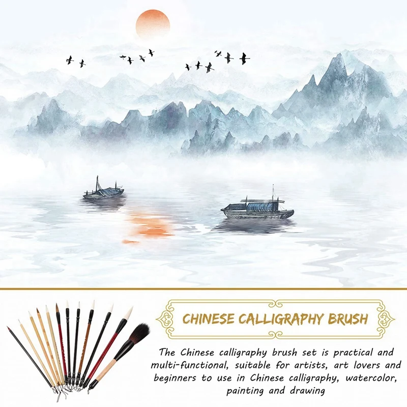 12PCS Chinese Calligraphy Brushes Kit With Roll-Up Holder, Perfect For Watercolor, Kanji, Sumi Painting & Drawing, Durable