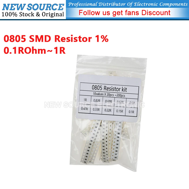 (200pcs) 0805 SMD Resistor 1% 1R 0.22R 0.33R 0.47R 0.15R 0.68R Ohm 10ValuesX 20PCS Assorted Kit Resistor