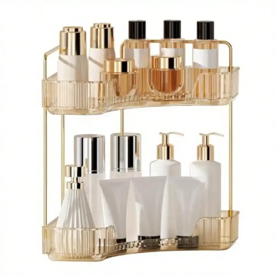 MX Corner Bathroom Counter Organizer Makeup Organizer For Vanity Skincare Cosmetic Perfume Tray Corner Countertop Shelf Rack Storage For Bathroom Kitchen 2 Tiers Amber Gold