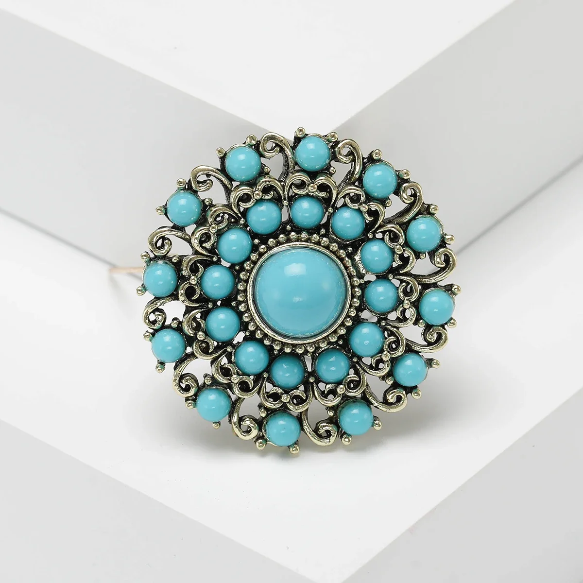 Turquoise Flower Brooches for Women Unisex Tibetan Style Turkish Blue Badge Pins Office Party Friend Gifts Jewelry Accessories