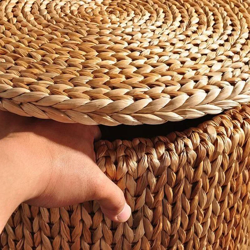 Living Room Furniture Retro Mobile Roller Skating Round Stool Manual Rattan Woven Small Stool Storage Box with Cover Footrest image 4