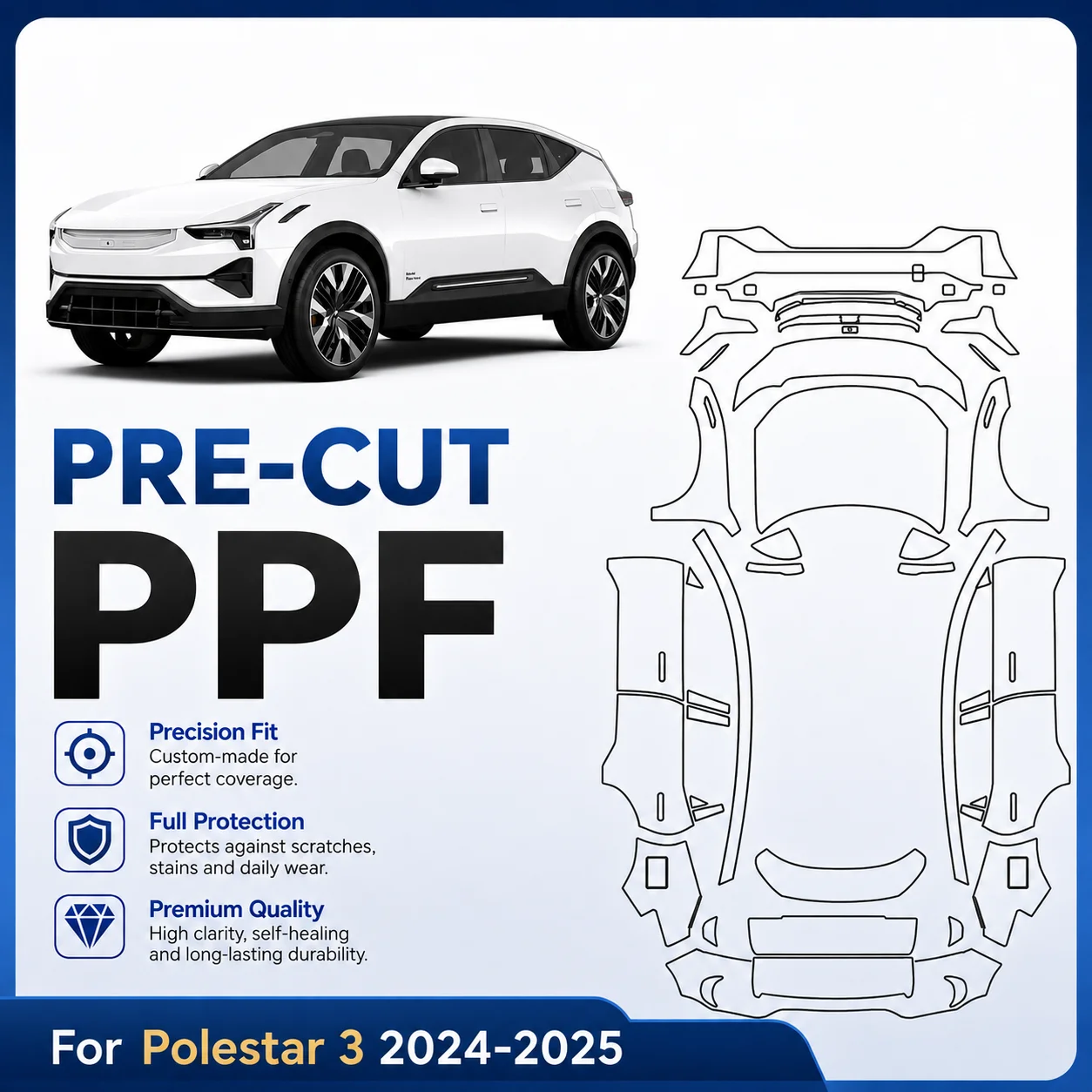 9Mil Pre-cut PPF For Polestar 3 2024-2025 TPU Bumper Matte Clear Paint Protection Film Scratch-Resistant Exterior Accessories