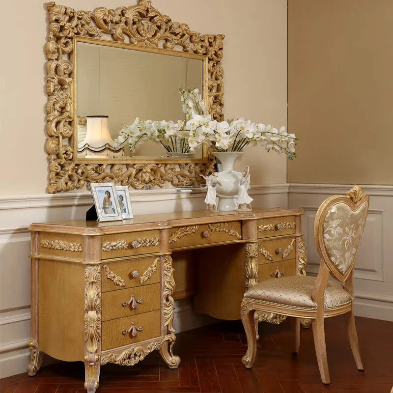 

Italian luxury castle ancient imitation old gold and wood finished dresser with mirror and seat cushion