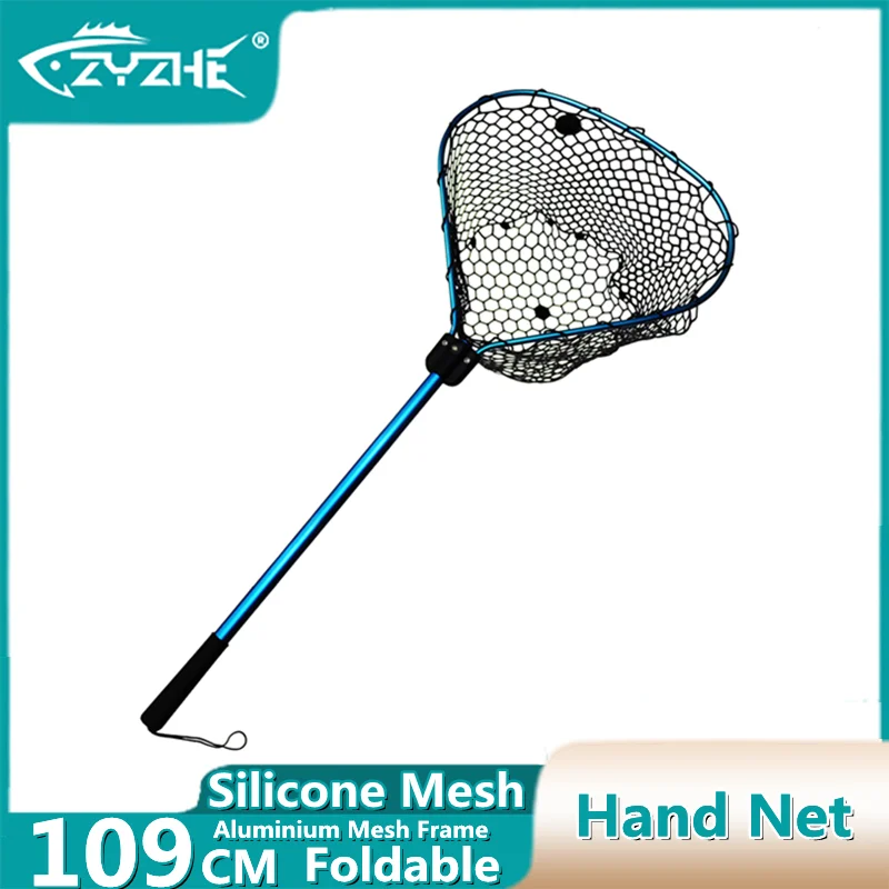 ZYZ Fishing Hand Net 109CM Foldable Aluminium Alloy Mesh Frames Silicone Mesh Freshwater or Saltwater Fishing Net Tackle