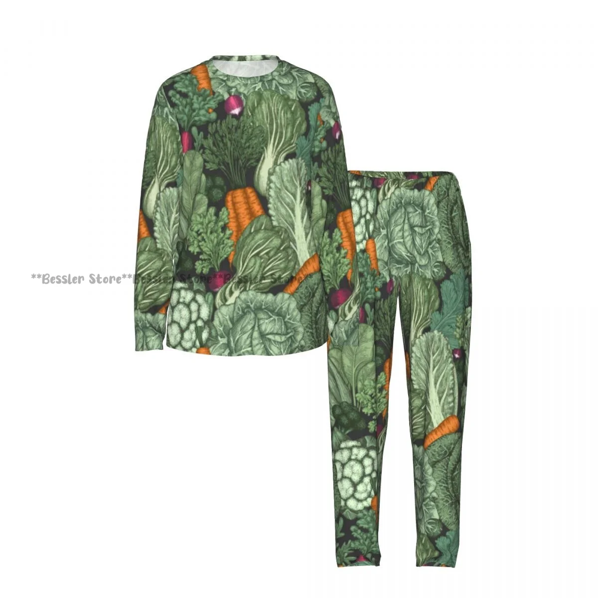 2 Piece Women Round Neck Pajamas Set Long Sleeve Long Pants Vintage Vegetables Pattern Homewear Casual Daily Sleepwear