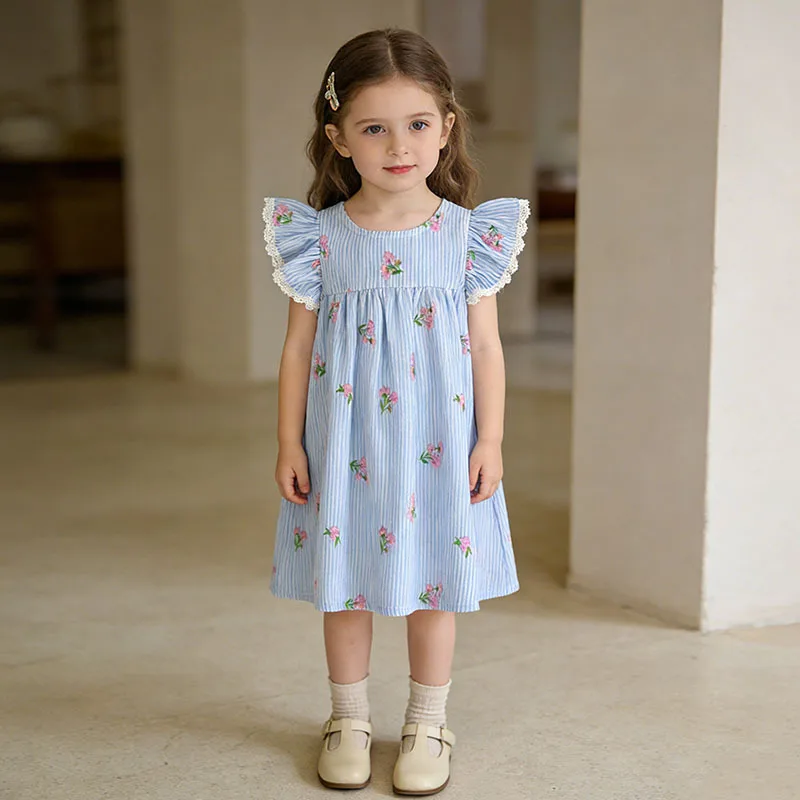 2026 Summer New Girls Dress with Floral Embroidery Stylish Flutter Sleeves Mid-to-Young Girls Childrens Dress