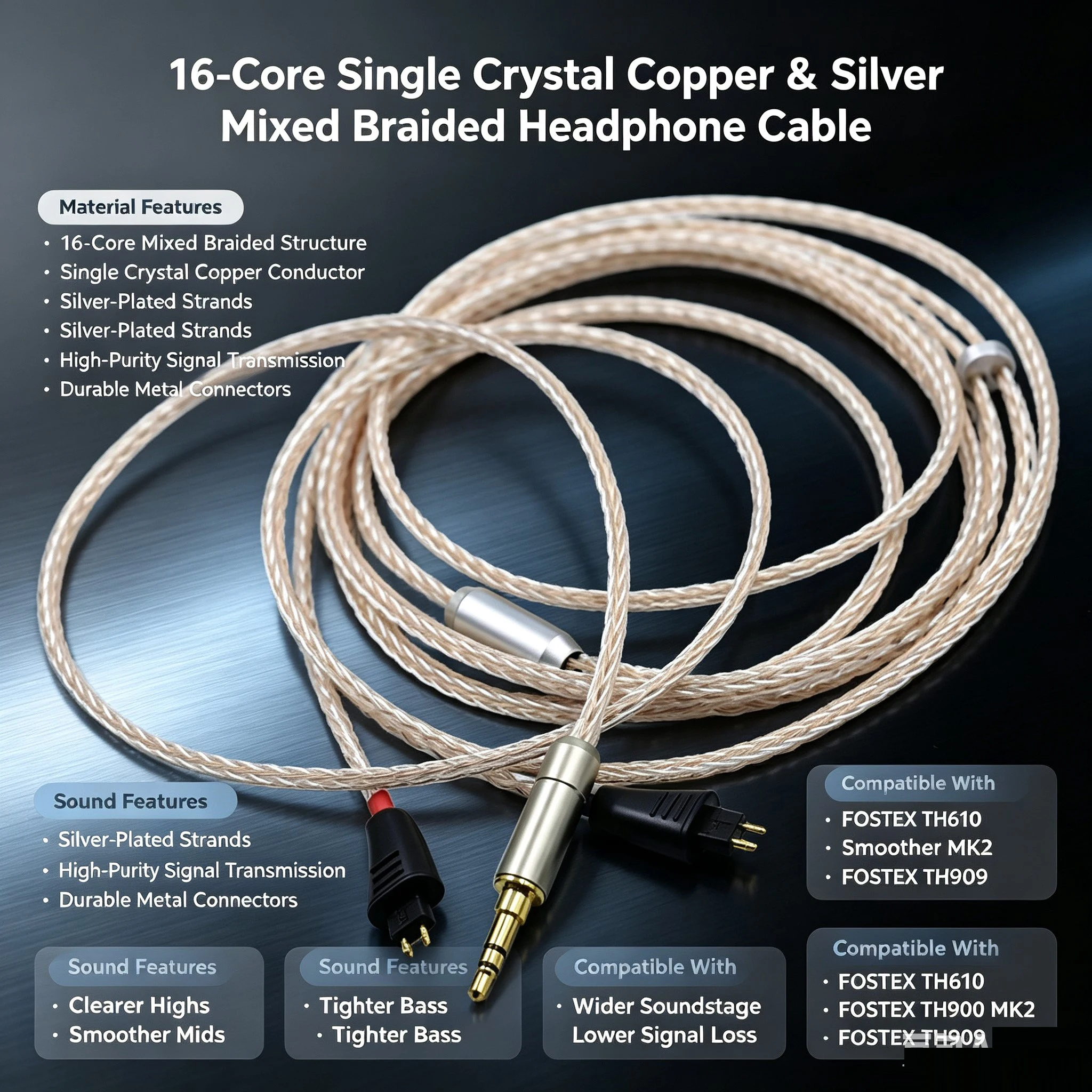 16 Core PCOCC Copper Silver Mixed For FOSTEX TH610 TH900 MK2 TH909 3.5mm Stereo Headphone upgrade Cable