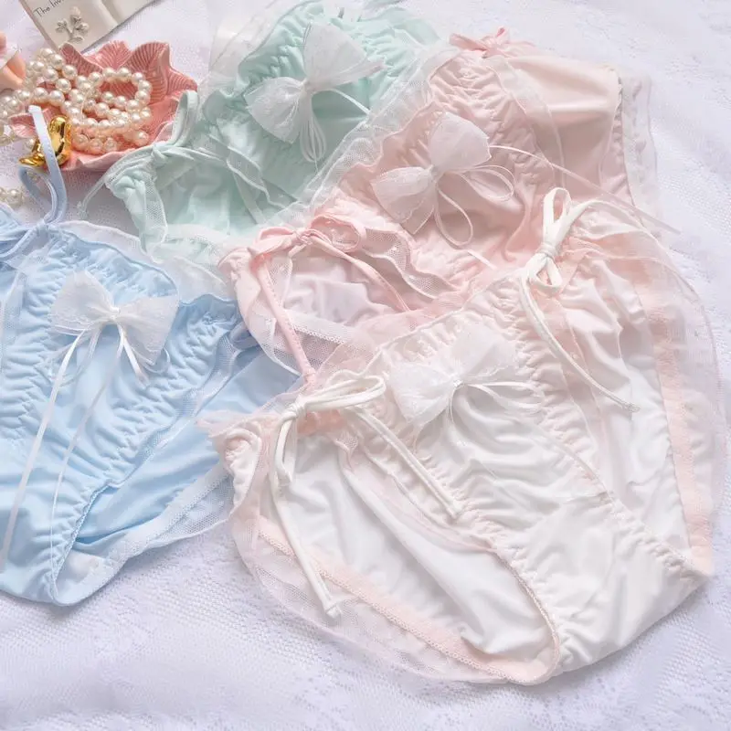 

Girl Lace Panties Japanese Style Small Fresh Triangle Underwear Women's Lace Ruffled Sweet Bow Solid Color Comfortable Briefs