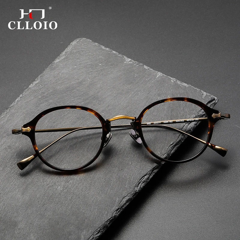 CLLOIO New Pure Titanium Anti Blue Ray Reading Glasses Men Retro Round Myopia Glasses Luxury Acetate Prescription Eyewear Frames