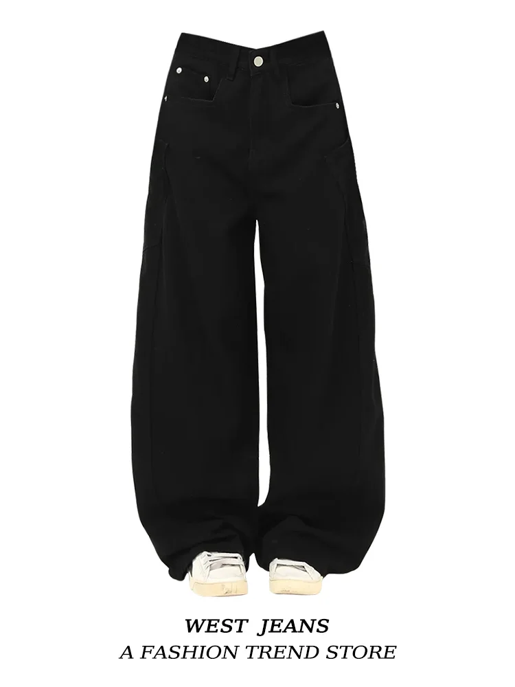 plus Size Black Knife  Denim Jeans Women's Autumn Winter Loose Wide Leg Long Pants American Decomposition Design Versatile