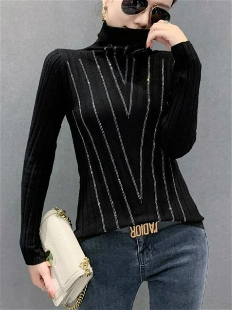 

High-neck Knitted Sweater Women Jumpper Top Hot Drill Line Kintwear Women Winter Clothes Warm Slim Casual Female Sweater