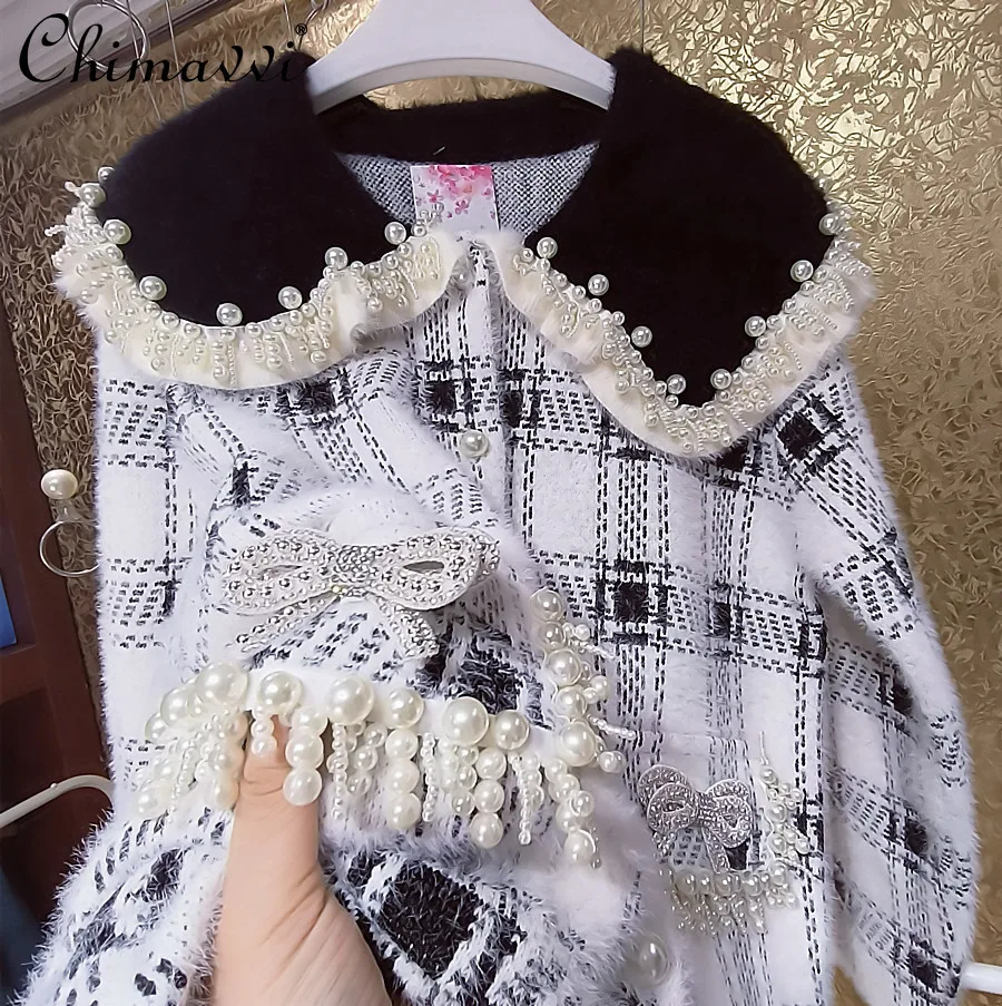 

High-End Doll Collar Tassel Rhinestone Bow Thickened Mink Coat Autumn Winter Fashion Long Sleeve Sweet Elegant Women's Jacket