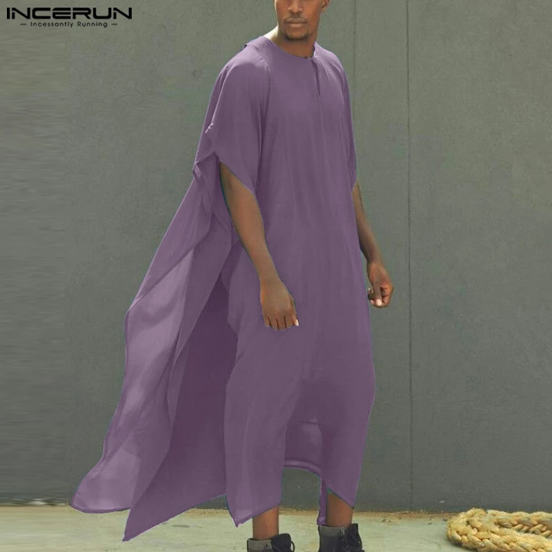 Incerun 2023 Moslim Stijl Nieuwe Heren Lange Stijl Kaftan Gewaad Casual Eenvoudige All-Match Gewaad Mannelijke Effen Korte Mouw Jubba Thobe S-5XL