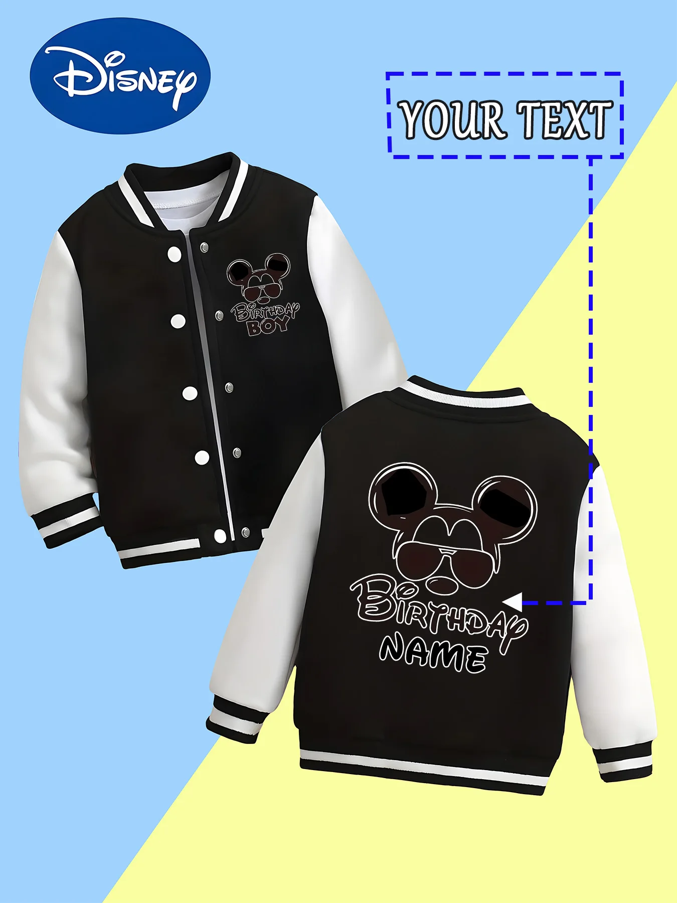 

MINISO Disney Boys Baseball Jacket - Mickey Mouse Birthday Cool Style, Sunglasses + Exclusive Slogan, Perfect for Birthday Parti