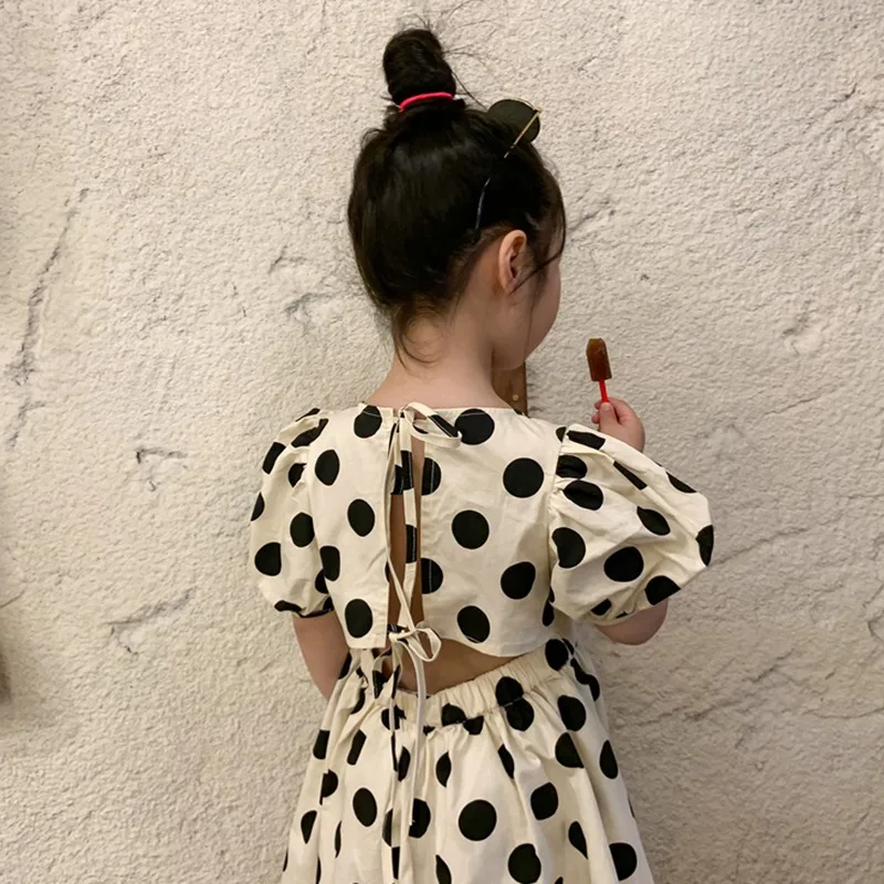 Summer Girls Dresses Polka Dot Print Princess Dress Baby Kids Children\'s Clothing Puff Sleeve Backless Beach Dresses