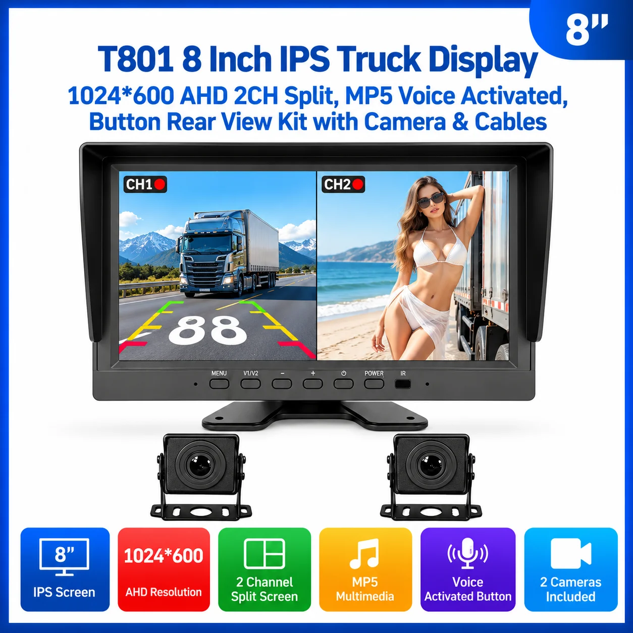 T801 8 Inch IPS Truck Display 1024*600 AHD 2CH Split MP5 Voice Activated, Button Rear View Kit with Camera & Cables