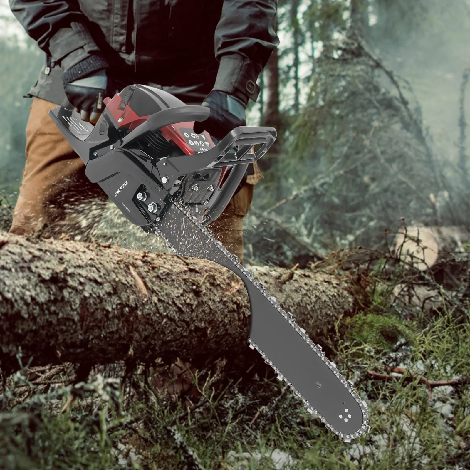 Tronçonneuse à essence 20" avec puissance 2,4 kW, moteur 58 cc, haute vitesse 10000 tr/min, poignée ergonomique et fonctionnalités de sécurité