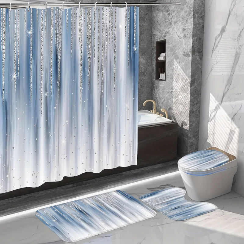 1pc/4pcs Blue Shiny Imitation Diamond Drop Rhinestone Set, Waterproof Shower Curtain with 12 Plastic Hooks, Non-S