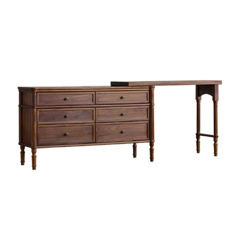 خزانة ملابس من خشب الجوز الأسود مدمجة، طاولة مكياج حديثة وبسيطة لغرفة النوم من الخشب الصلب الاسكندنافي بستة أدراج