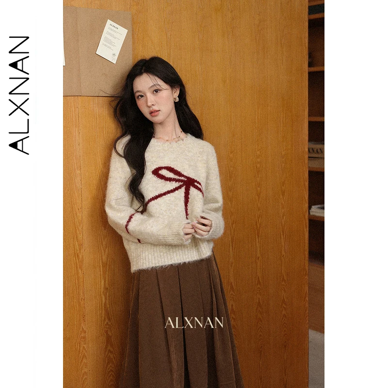 ALXNAN Plus Größe Pullover Herbst Winter Langarm Wolle Pullover Elegante Casual Lose-fit Bogen Muster Pullover Weibliche D13206