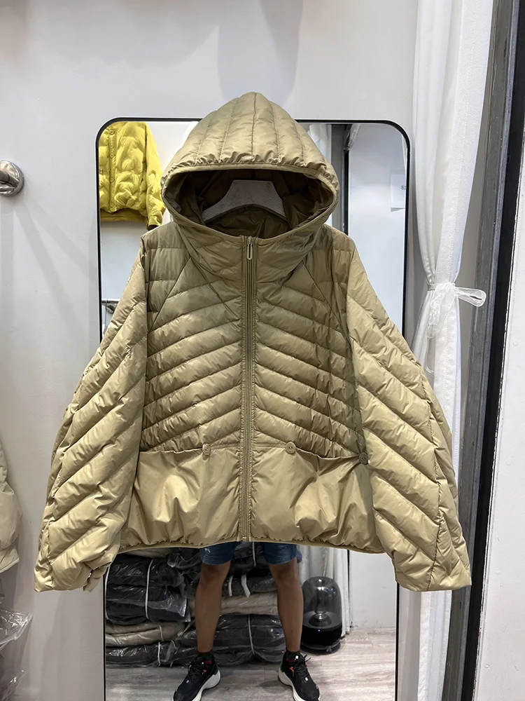 سترة نسائية قصيرة الطراز بتصميم مضلع لحم الخنزير مع قلنسوة كاجوال متعددة الاستخدامات من ريش البط الأبيض على الطراز الكوري معطف جديد للأسفل