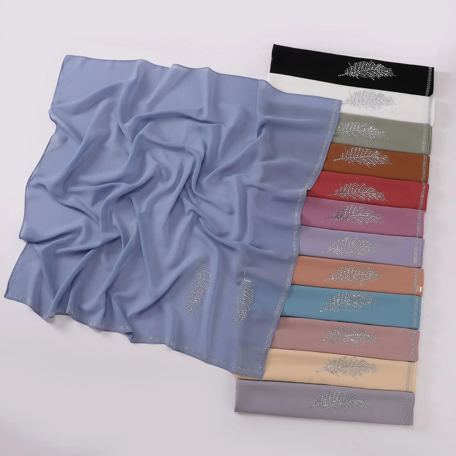 90 سنتيمتر الفاخرة حجر الراين ريشة مربع فقاعة الشيفون الحجاب الفوري شالات سيدة عالية الجودة التفاف Bufandas رمضان مسلم Sjaal #1