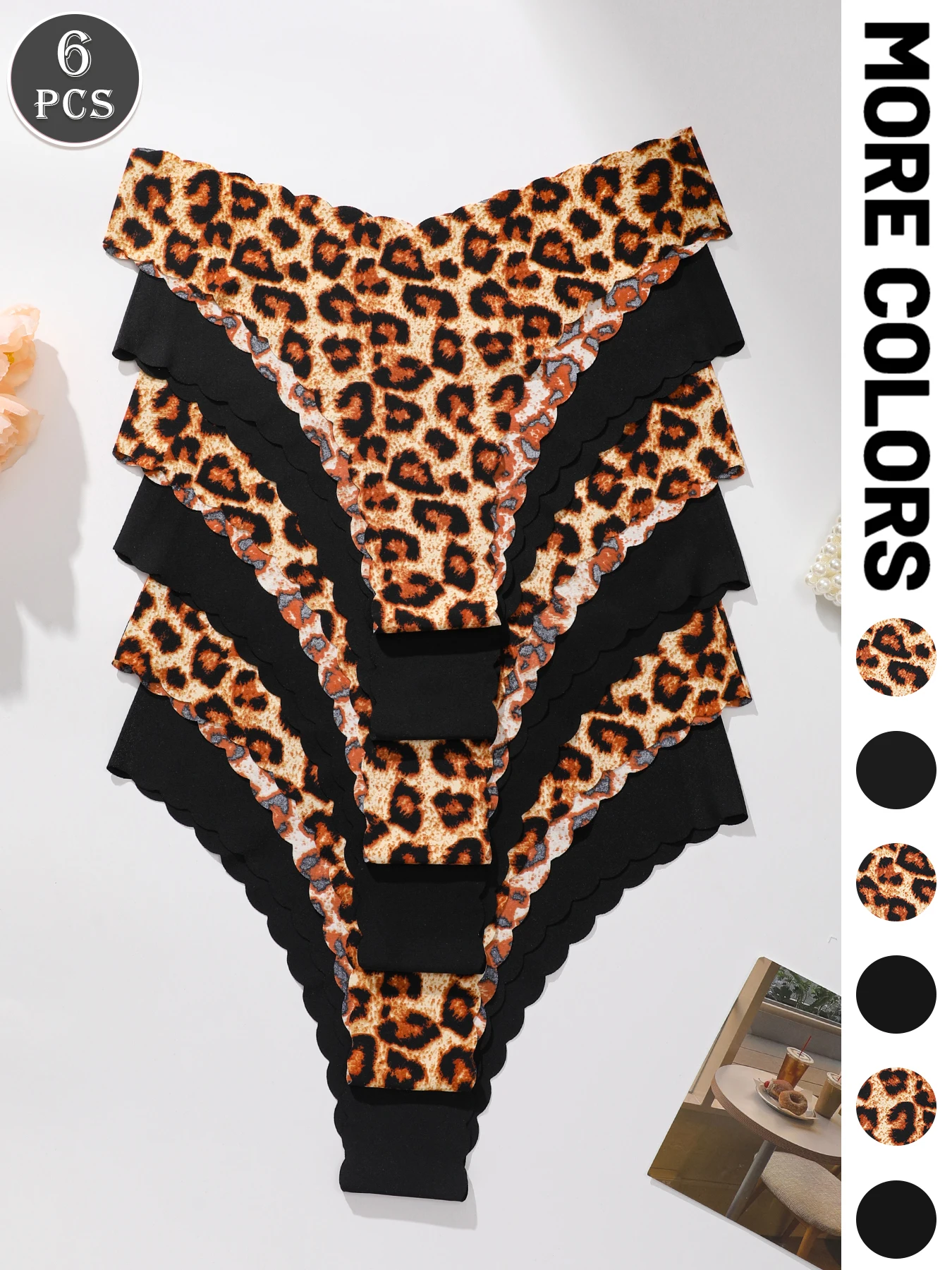 Confezione da 6 - Mutandine triangolari smerlate da donna in tinta unita stampa nera e leopardata, slip da donna sexy e comodi