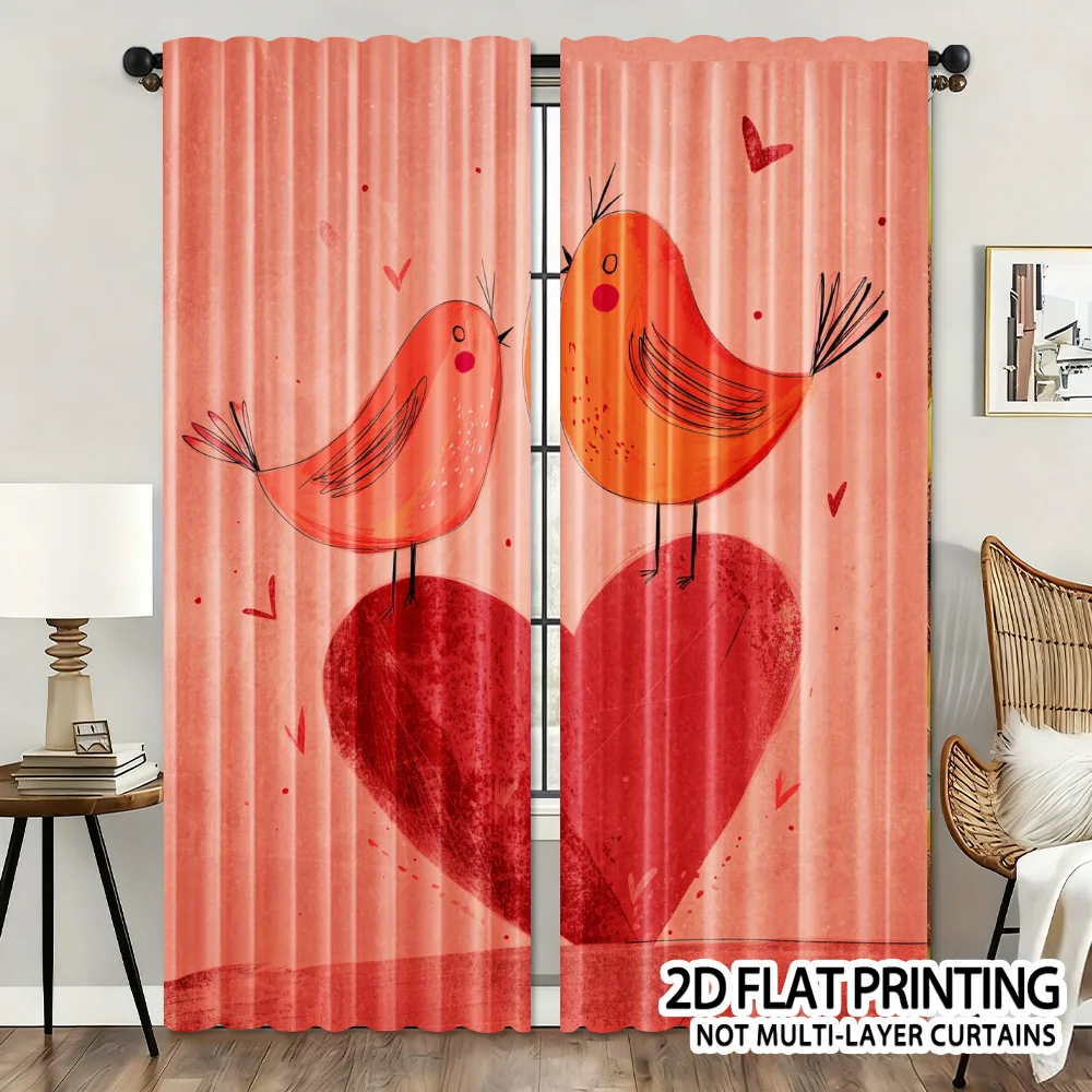 Cute Birds on Heart Curtains, Pink Red Love Bird Print Blackout Drapes for Bedroom Living Room, Romantic Valentine Decor