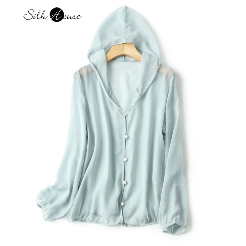 

Female Vacation Style 100% Natural Mulberry Silk Sun Protection Clothing Versatile Hooded Casual Long Sleeved Thin Cardigan