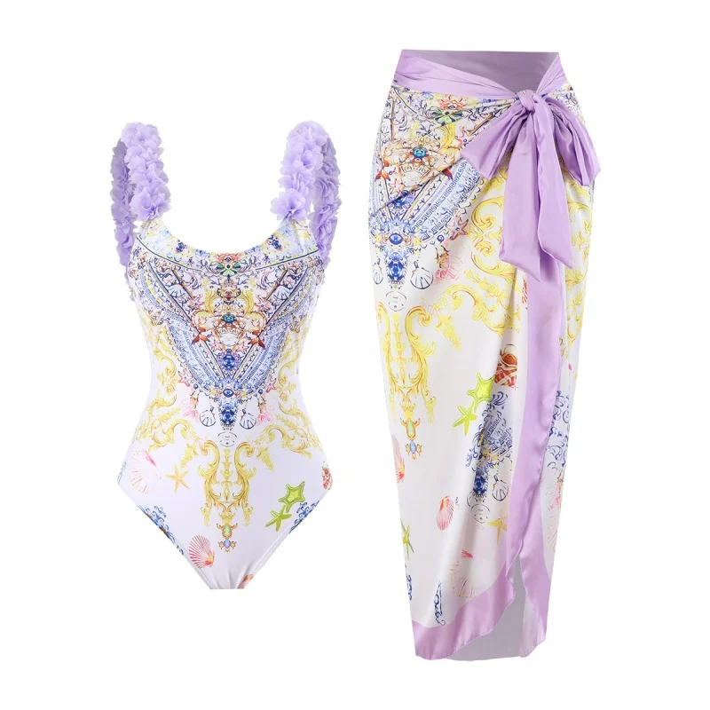 2024Independent Station New Customized Printing One Piece Swimsuit Fashion Petals Cover Belly Backless in Stock Swimsuit