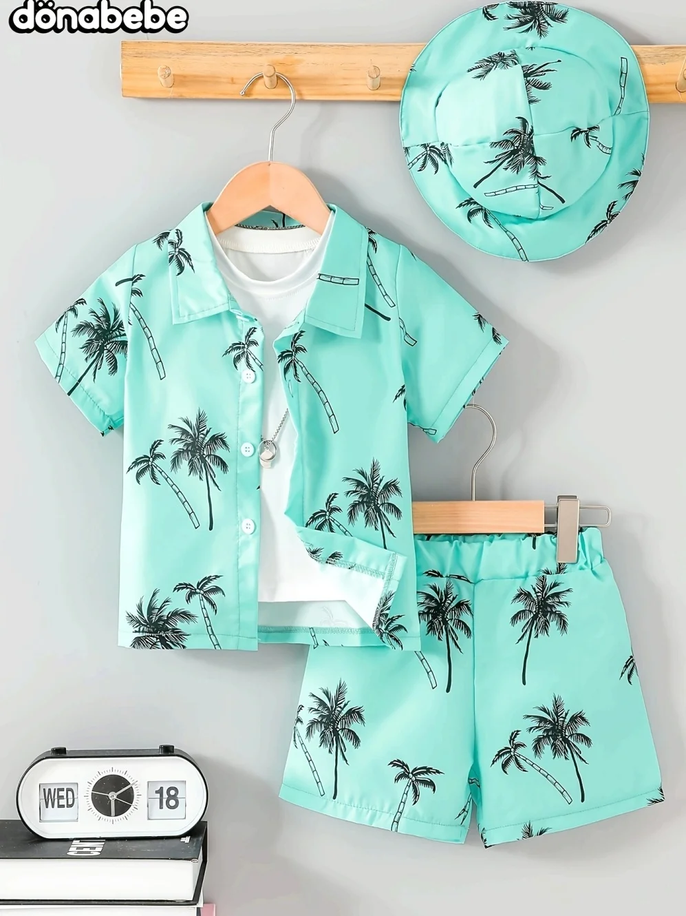 Jungen Sommer Kokosnussbaum-Muster Kurzarm-Hemd Set 2-teilig Hawaiianischer Strandurlaub-Stil Lässige Kinderkleidung für Jungen – Detail 9