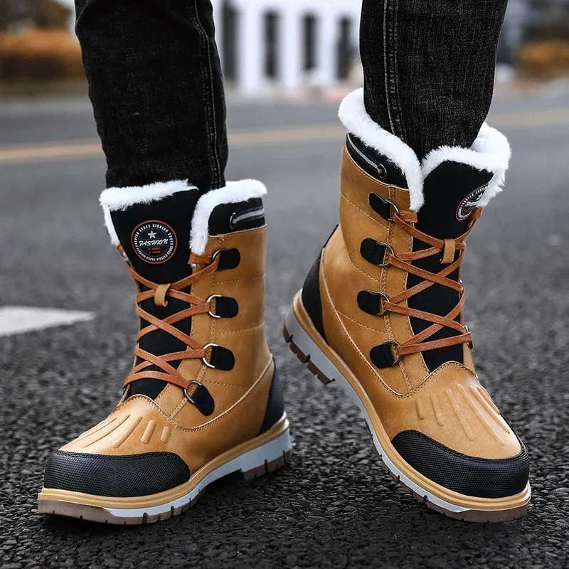 Fashion Men\'s Winter Boots Warm Fur High-top Snow Boot Men Waterproof Leather Platform Boots Outdoor Non-slip Men Winter Shoes