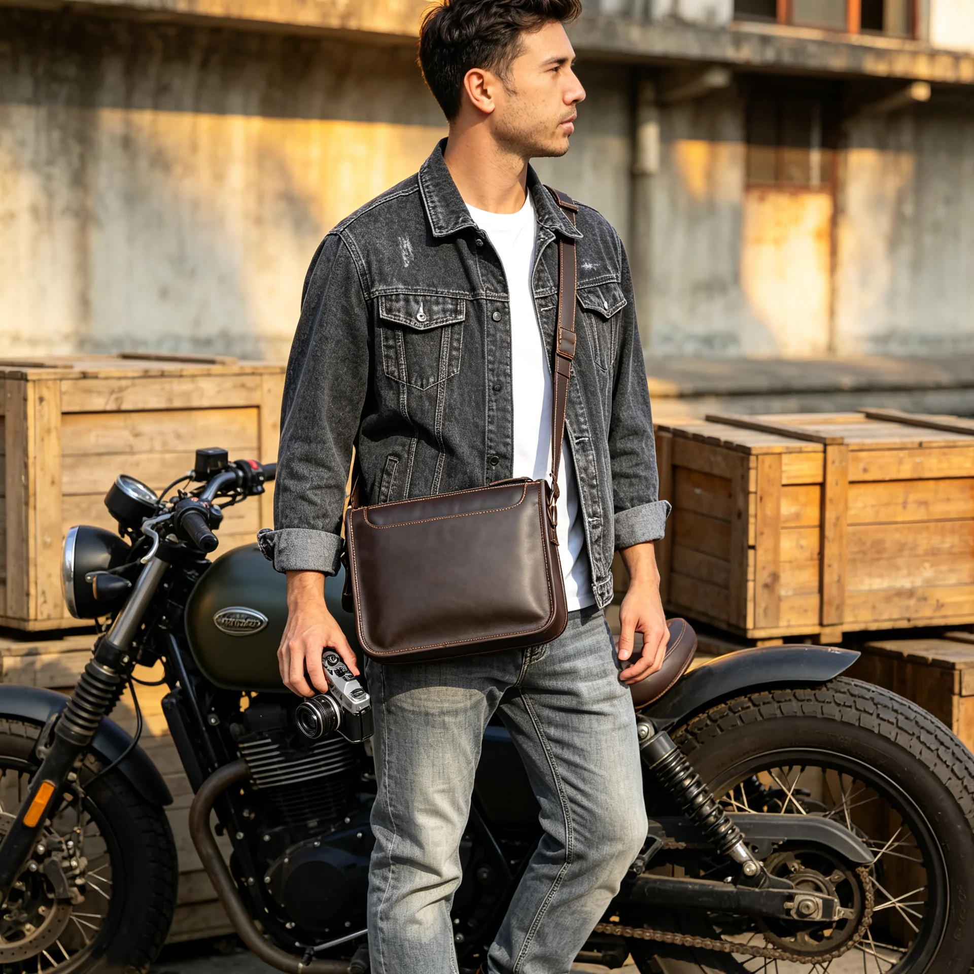 S.WORKER Vintage Echtleder Herren 11" Messenger Bag Umhängetasche Crazy Horse Rindsleder Schultertasche Top-Layer Mode – Detail 3