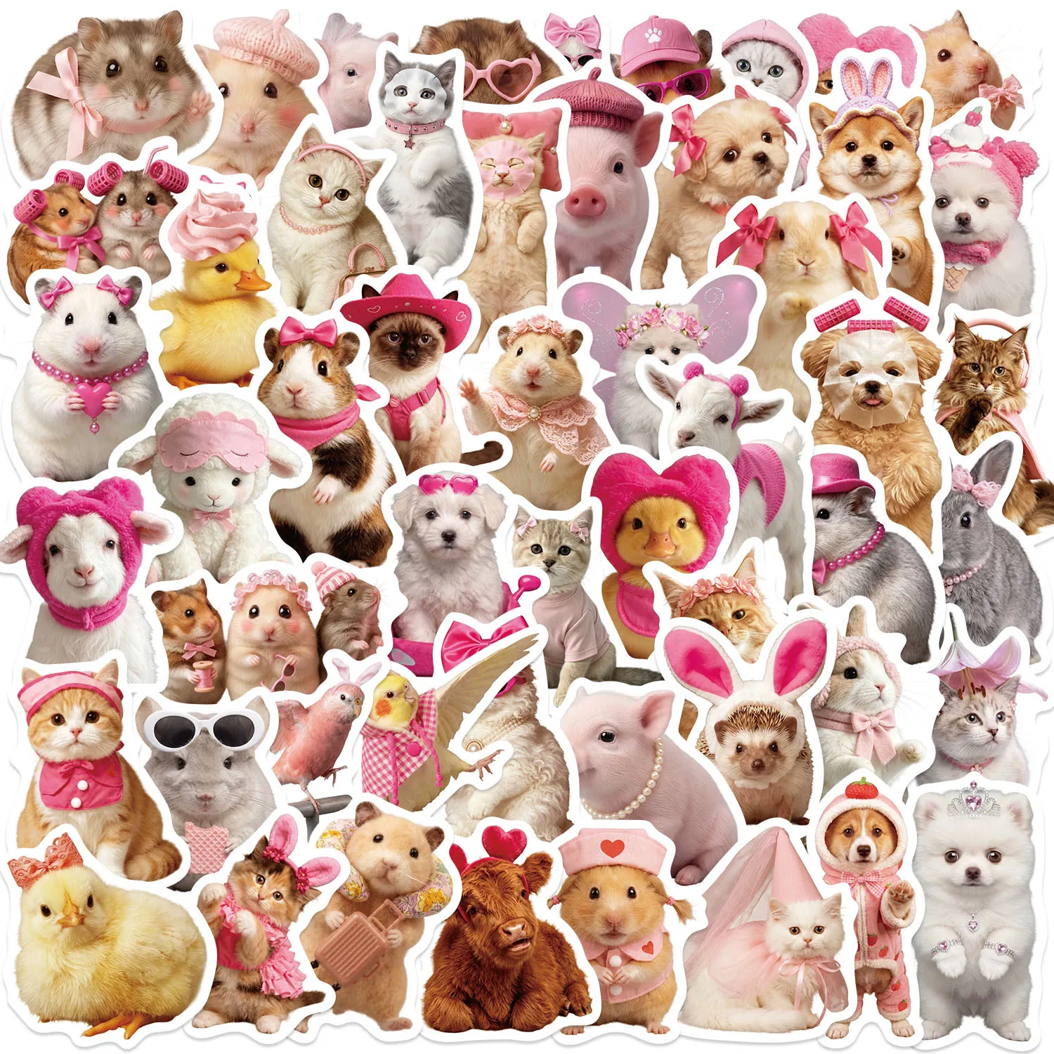 50PCS Cute Pink Bow Animals Cartoon Stickers Kawaii Hamster Cat Pig Graffiti Decal DIY Luggage Phone Guitar Classic Kid Toys
