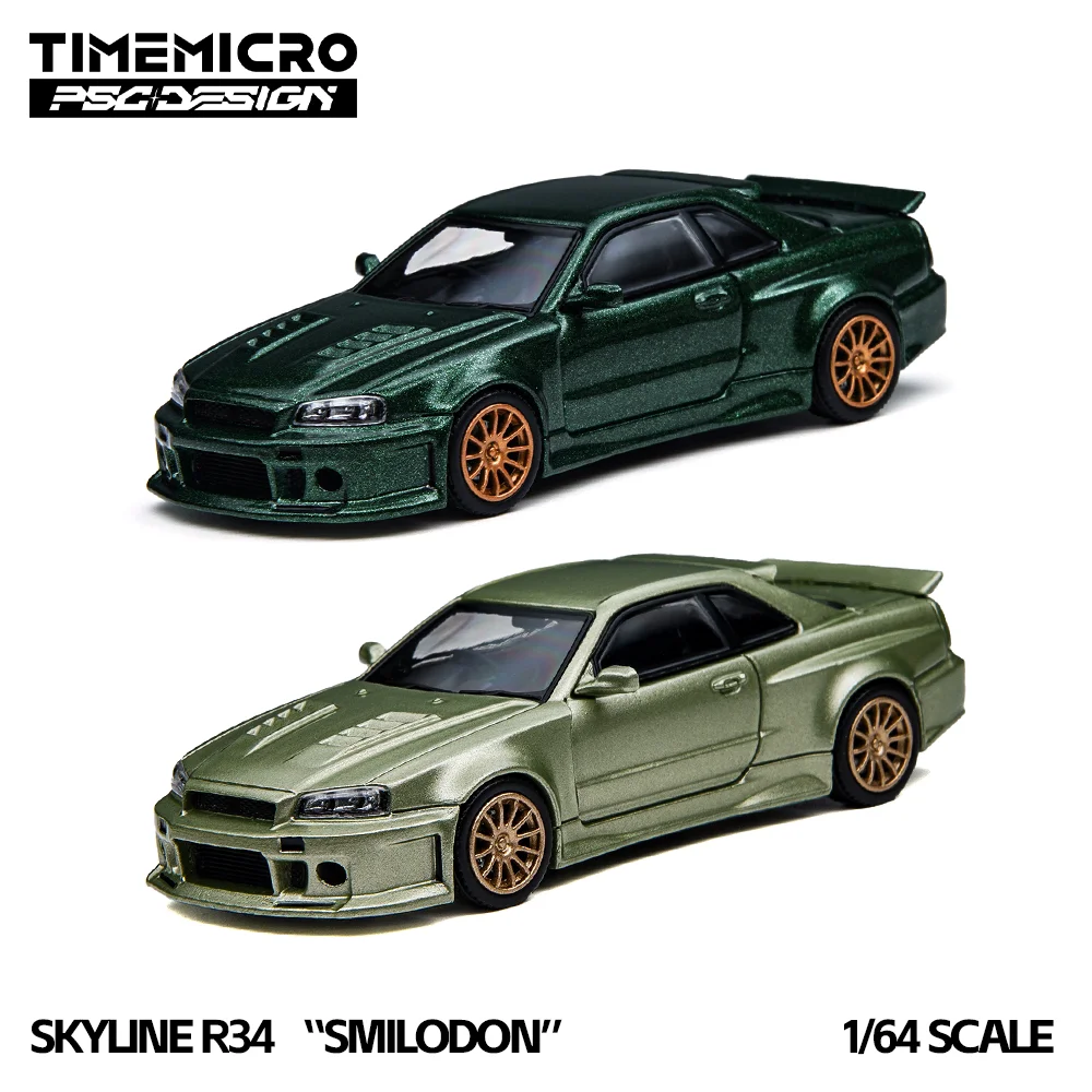 TimeMicro × PSC DESIGN 1:64 R34 Smilodon Millennium Jade Dark Green Diecast Model Car GTR R32 Alloy Car Model With Dust Cover
