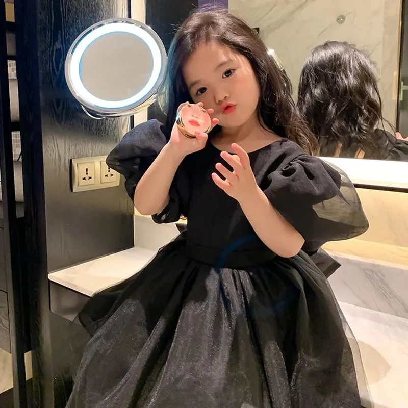 Kids Toddler Puff Sleeve Dresses with Big Bow Black  Backless Mesh Party Princess Dress for Girls Korean Style Girl Clothing 8 9