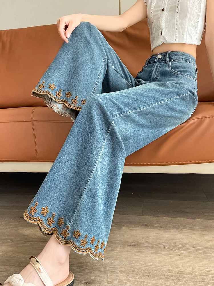 

Модные женские джинсы с цветочной вышивкой и высокой талией, широкие расклешенные джинсовые брюки, весенне-осенние свободные повседневные джинсы до щиколотки