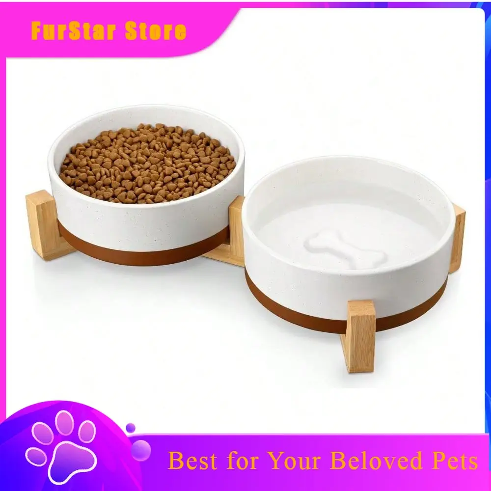 FurStarDog Bowls Set With Wood Stand, 3.5 Cups Pet Bowls For Medium Dogs With NonSlip Base, Large Puppies, Cats, Retrievers, Ect