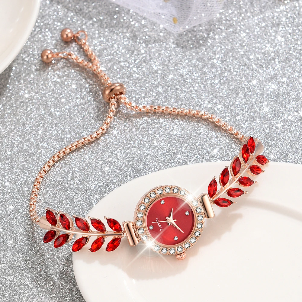 6PCS/Set Women Red Watch Fashionable Luxury Red Dial Quartz Wristwatch Alloy Strap Watch Red Gemstone Jewelry Set Gift For Mom